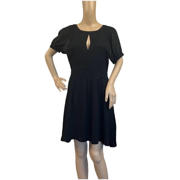Anthro See U Soon Black Dress Keyhole Neckline Short Puffy Sleeves NWT Size S - Picture 1 of 12